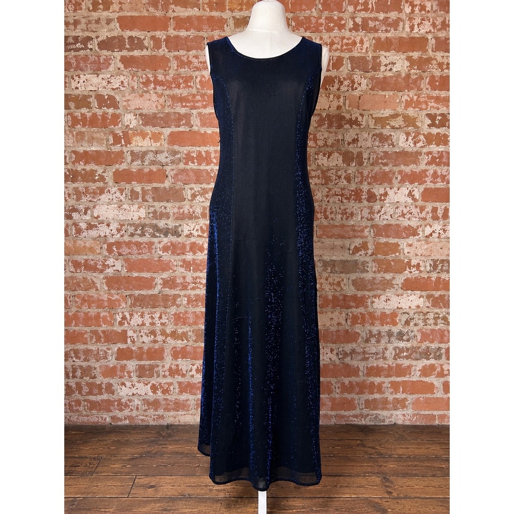 Vintage Y2K Blue Glitter Mesh Maxi Dress Lace Up Back 8 Navy Gown 90s Formal